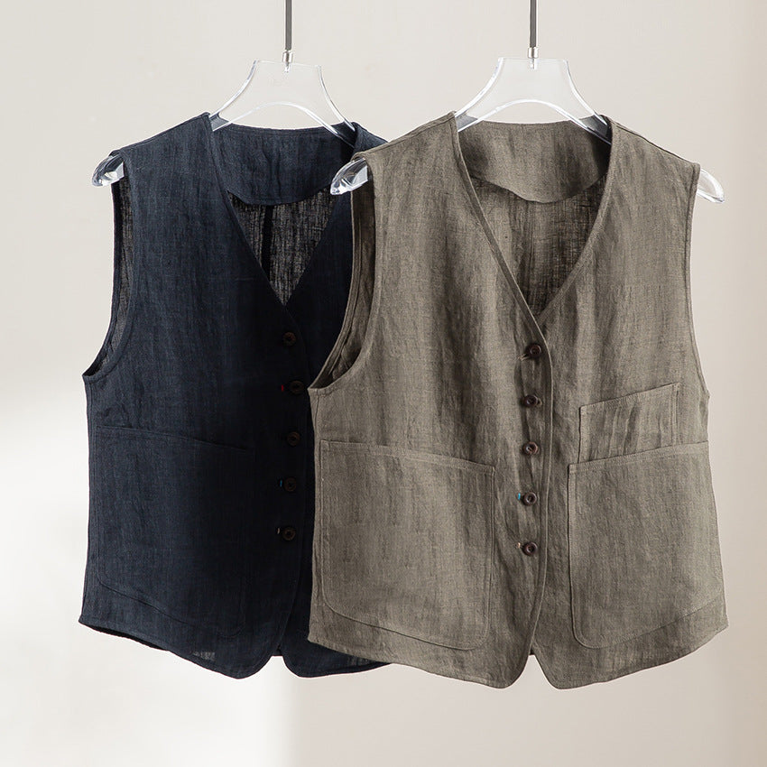 Damen Leinenweste mit V‑Ausschnitt, aufgesetzten Taschen und entspannter Passform Drune