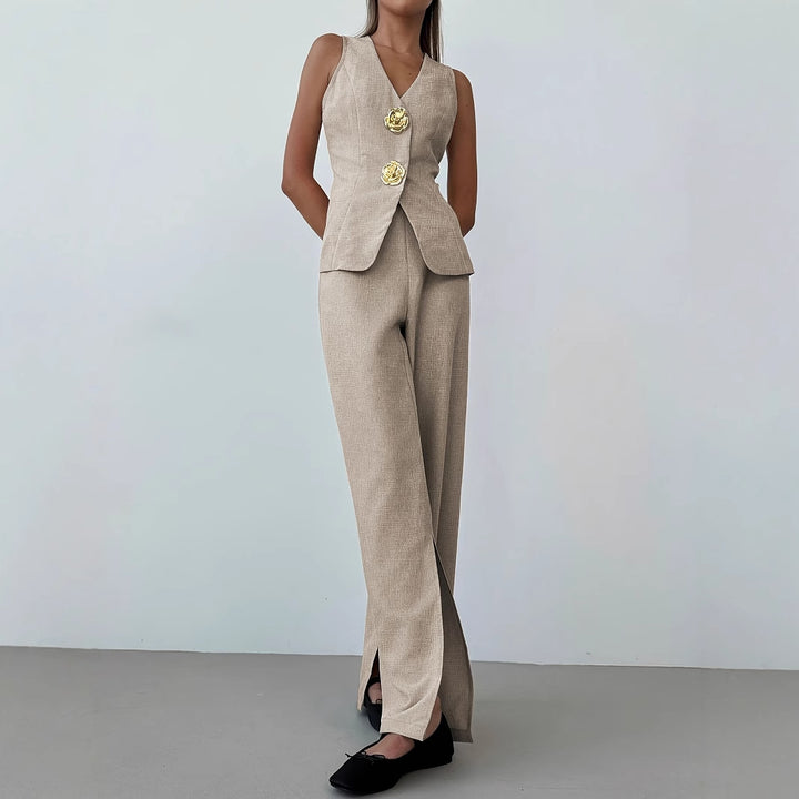 Damen elegantes Anzug-Set mit tailliertem Blazer und weit geschnittene Hose Drune