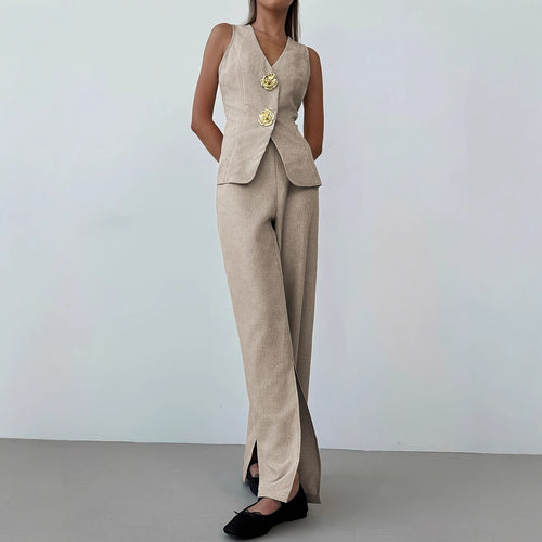 Damen elegantes Ensemble aus ärmellosem Blazer und weiten Hosen Drune