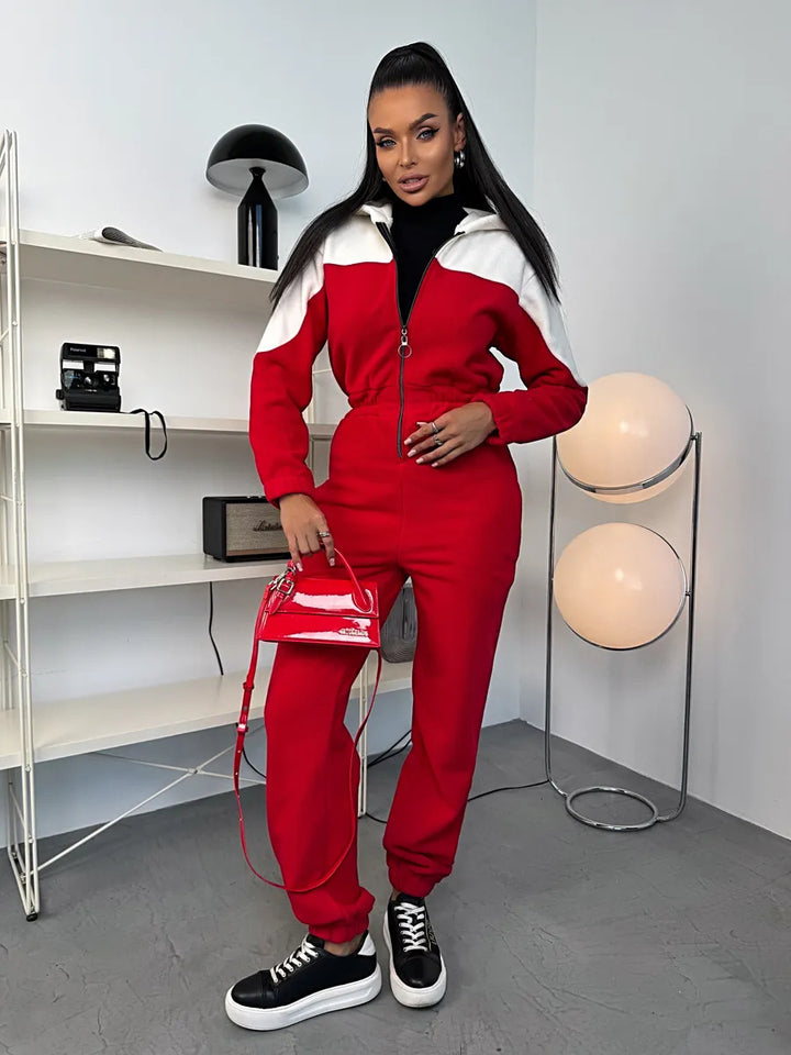 Damen gemütlicher Fleece-Overall mit Kapuze, durchgehendem Reißverschluss und elastischen Bündchen Drune