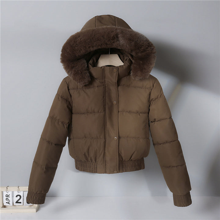 Damen nan kurz geschnittene Thermosteppjacke mit abnehmbarer Kunstfellkapuze und Rippbündchen Drune