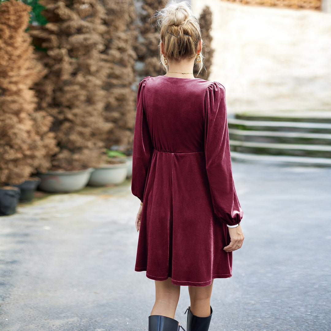 Damen nan Samt-Kurzkleid mit quadratischem Ausschnitt, Empire-Taille und Ballonärmeln Drune