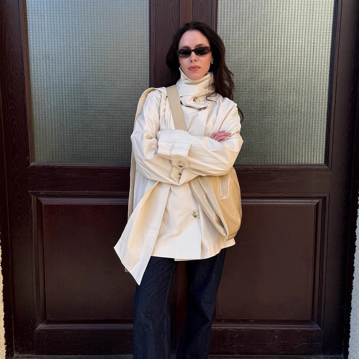 Damen Kurzer Oversize-Trench mit hohem Stehkragen, verdeckter Knopfleiste & weiten Manschetten Drune