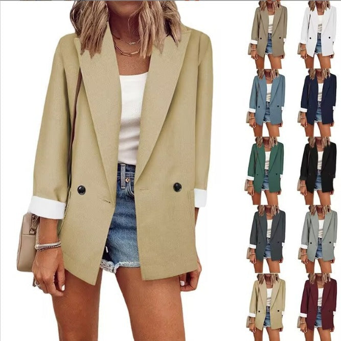 Damen Oversize Longline-Blazer mit 3/4-Ärmeln, Kontrastumschlag und aufgesetzten Taschen Drune