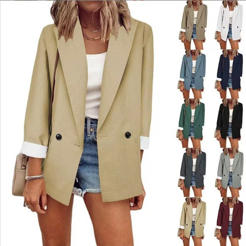 Damen Oversize Longline-Blazer mit 3/4-Ärmeln, Kontrastumschlag und aufgesetzten Taschen Drune