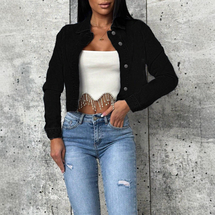 Damen Kurz geschnittene taillierte Jeansjacke mit durchgehender Knopfleiste und Hemdkragen Drune