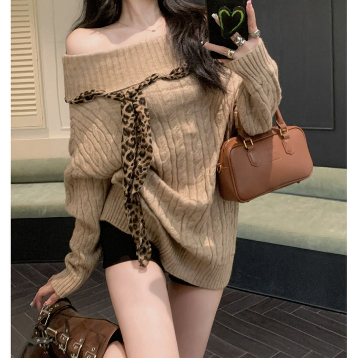 Damen Grobstrickpullover mit offener Schulter und verspieltem Schleifenakzent Drune