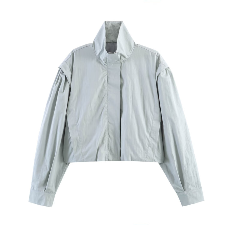 Damen Kurze Windjacke mit Stehkragen, oversized Ärmeln und verdeckter Front Drune