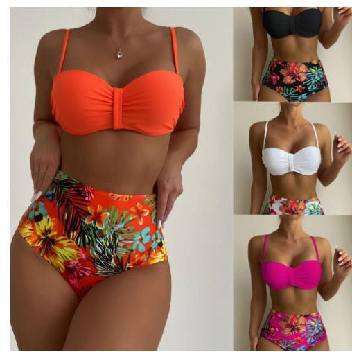 Damen Hochgeschnittener Bikini mit modischem Push-Up-Oberteil und floralem Unterteil Drune
