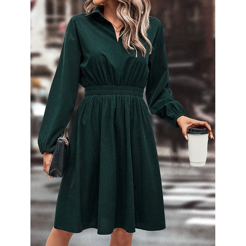 Damen elegantes Midi-Kleid mit Taillengummi und Puffärmeln Drune