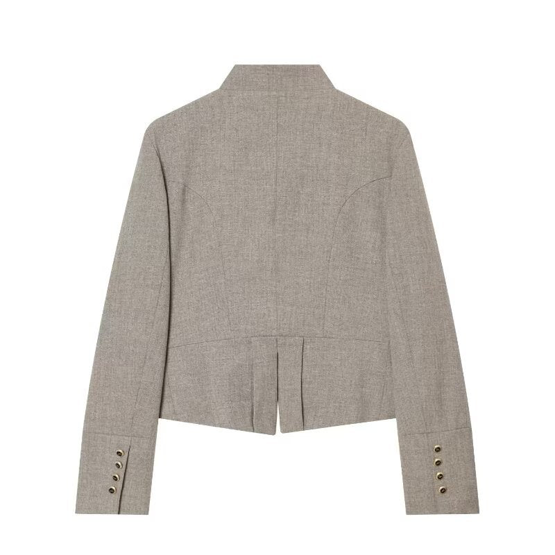 Damen Kurzblazer im Military-Stil mit Stehkragen und dekorativen Knopfreihen Drune