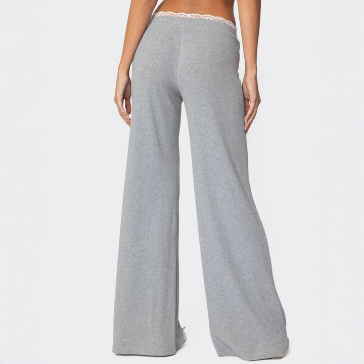 Damen Hellgraue Freizeithose mit elastischem Bund und dekorativem Spitzenabschluss Drune