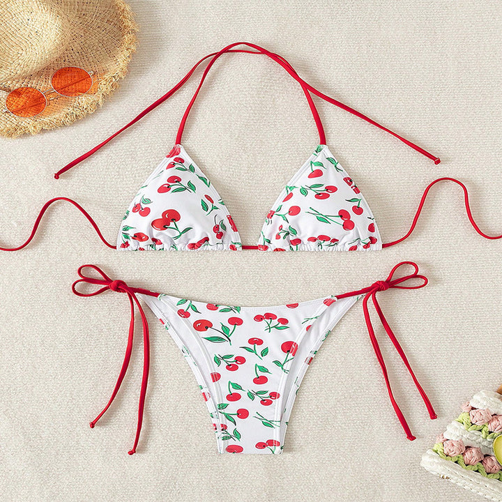 Damen Triangel-Bikini mit Krawattenverschluss und verspieltem Kirschdesign Drune