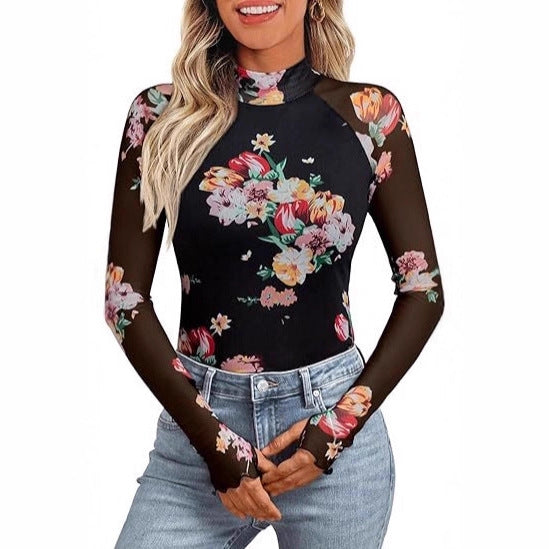 Damen Transparentes Mesh-Longsleeve mit Blumenprint und Stehkragen Drune