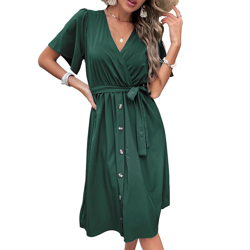 Damen Wickelkleid mit Knopfleiste und Taillengürtel Drune
