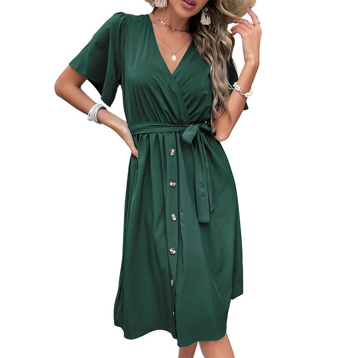 Damen Wickelkleid mit Knopfleiste und Taillengürtel Drune