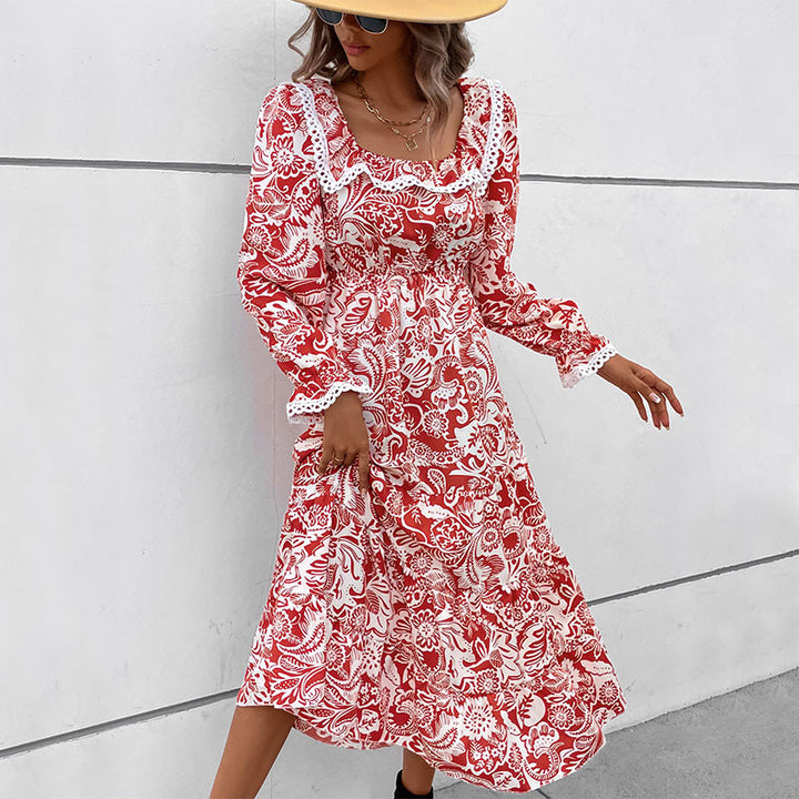 Damen Midikleid im Paisley-Print mit Spitzenvolant, quadratischem Ausschnitt und elastischer Taillennaht Drune