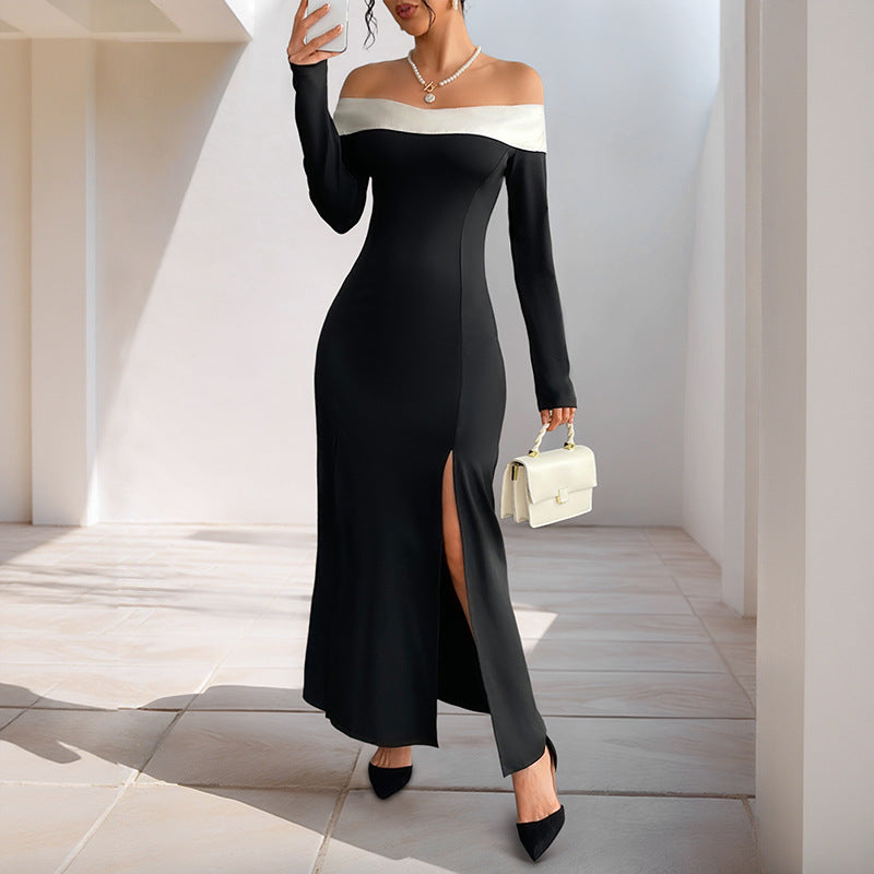 Damen Schulterfreies Maxikleid mit langen Ärmeln, hohen Seitenschlitzen und Umschlagkragen Drune