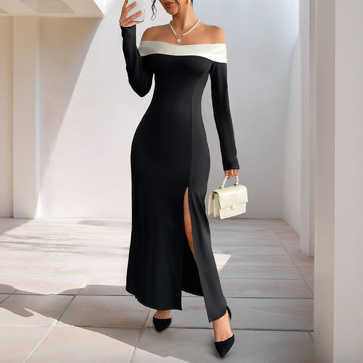 Damen Schulterfreies Maxikleid mit langen Ärmeln, hohen Seitenschlitzen und Umschlagkragen Drune
