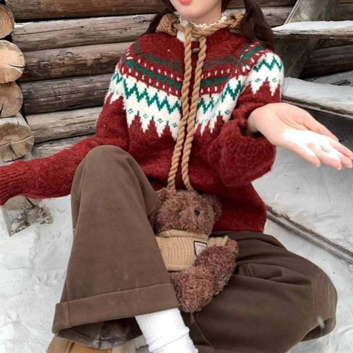 Damen Gemütlicher Strickpullover mit traditionellem Norweger-Muster und Kapuze Drune