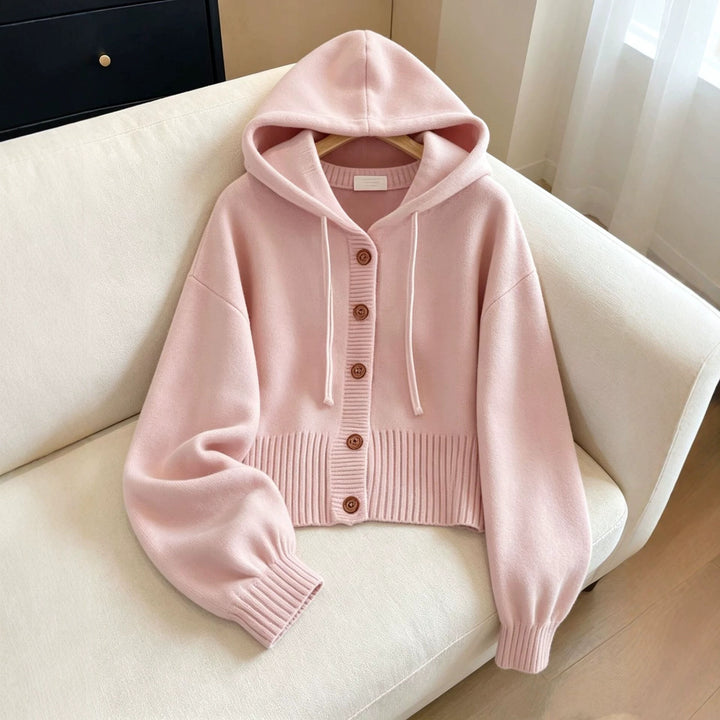 Damen Kapuzen-Strickcardigan mit Knopfleiste, geripptem Bund und Oversize-Ärmeln Drune