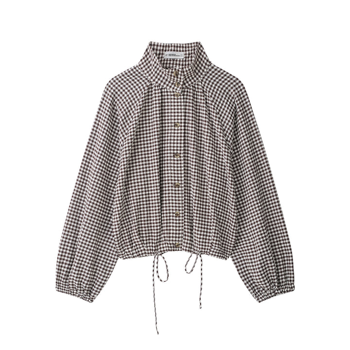 Damen Karo-Bluse mit Stehkragen, Knopfleiste und Tunnelzug-Saum Drune