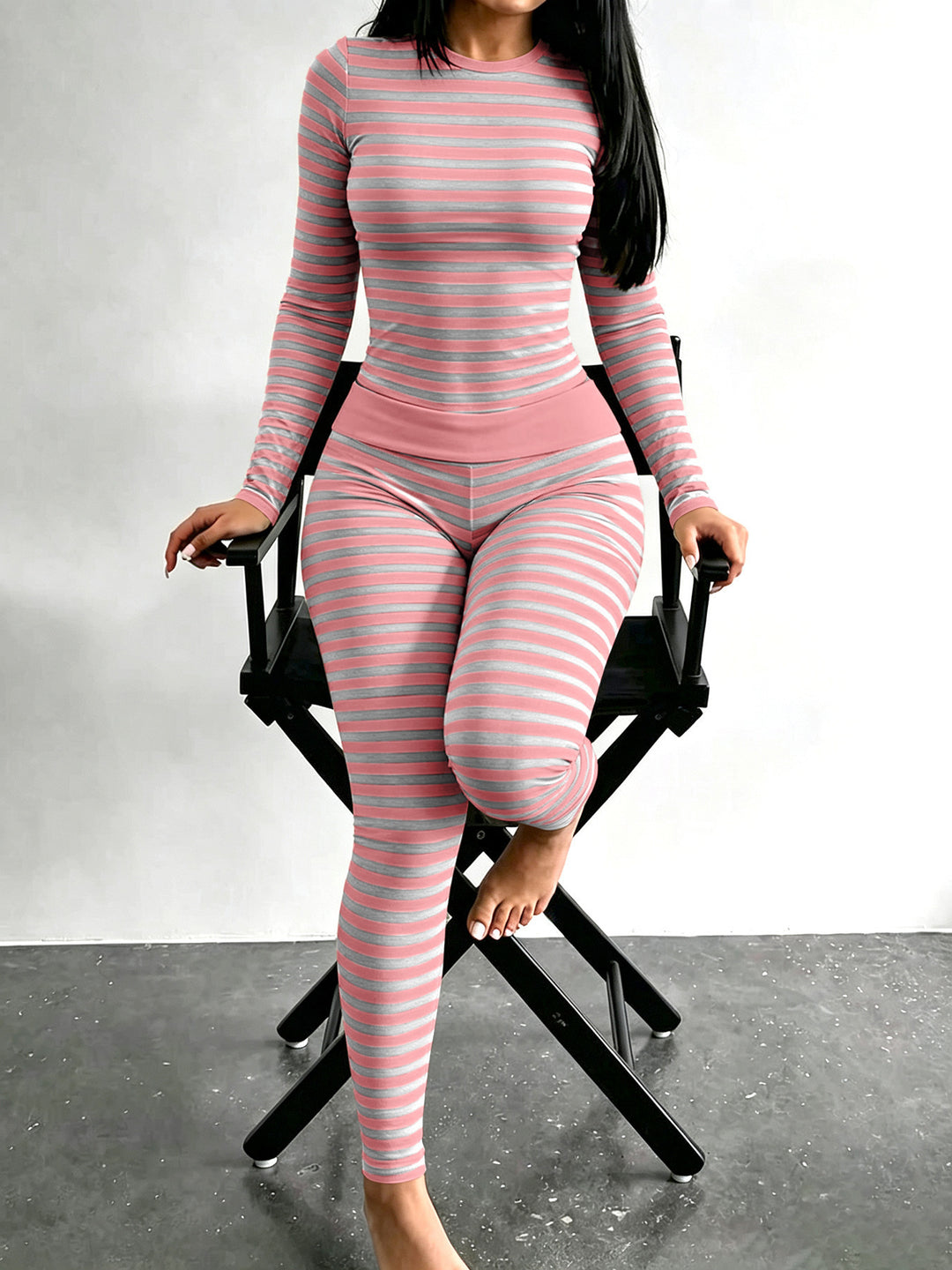 Damen Figurschmeichelndes Stretch-Lounge-Set mit Langarmtop und taillenhoher Leggings Drune