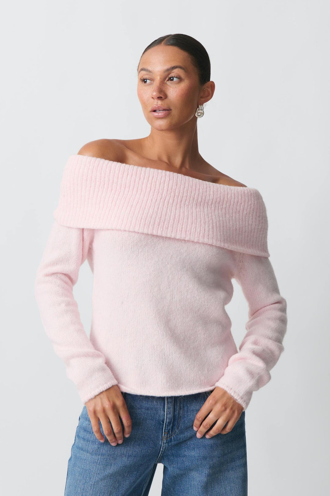 Damen nan Off-Shoulder Grobstrickpullover mit breitem Umschlagkragen und lässiger Oversize-Passform Drune