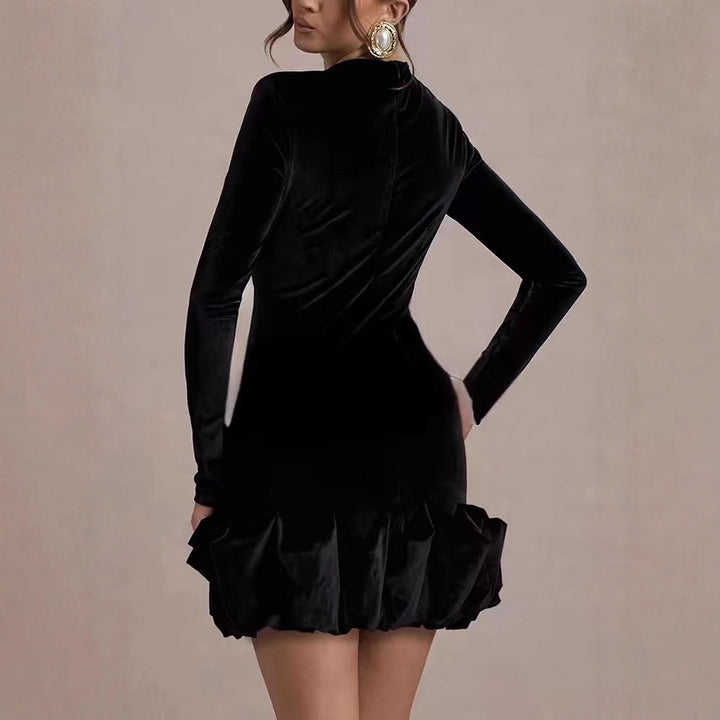 Damen Figurbetontes Cocktail-Minikleid aus Samt mit Volantkante und Langarm Drune
