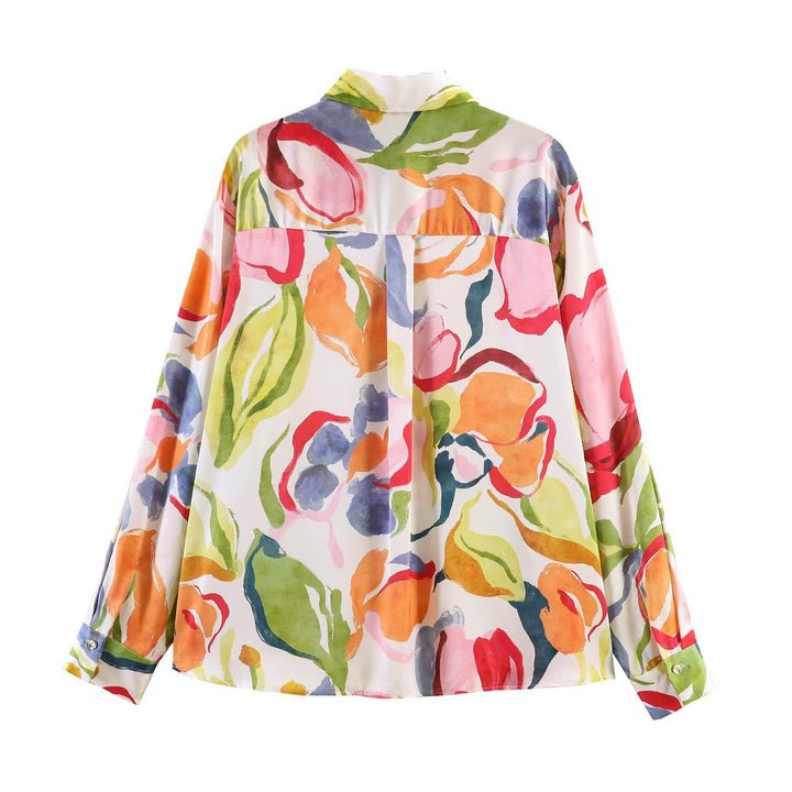 Damen bedruckte Oversize-Bluse mit Hemdkragen und Perlmuttknöpfen Drune