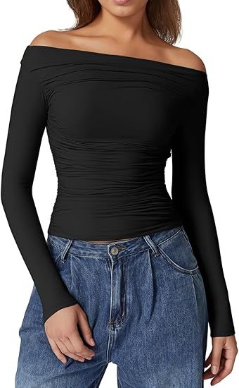 Damen Schulterfreies tailliertes Stretch-Longsleeve mit Raffung und figurbetonter Silhouette Drune