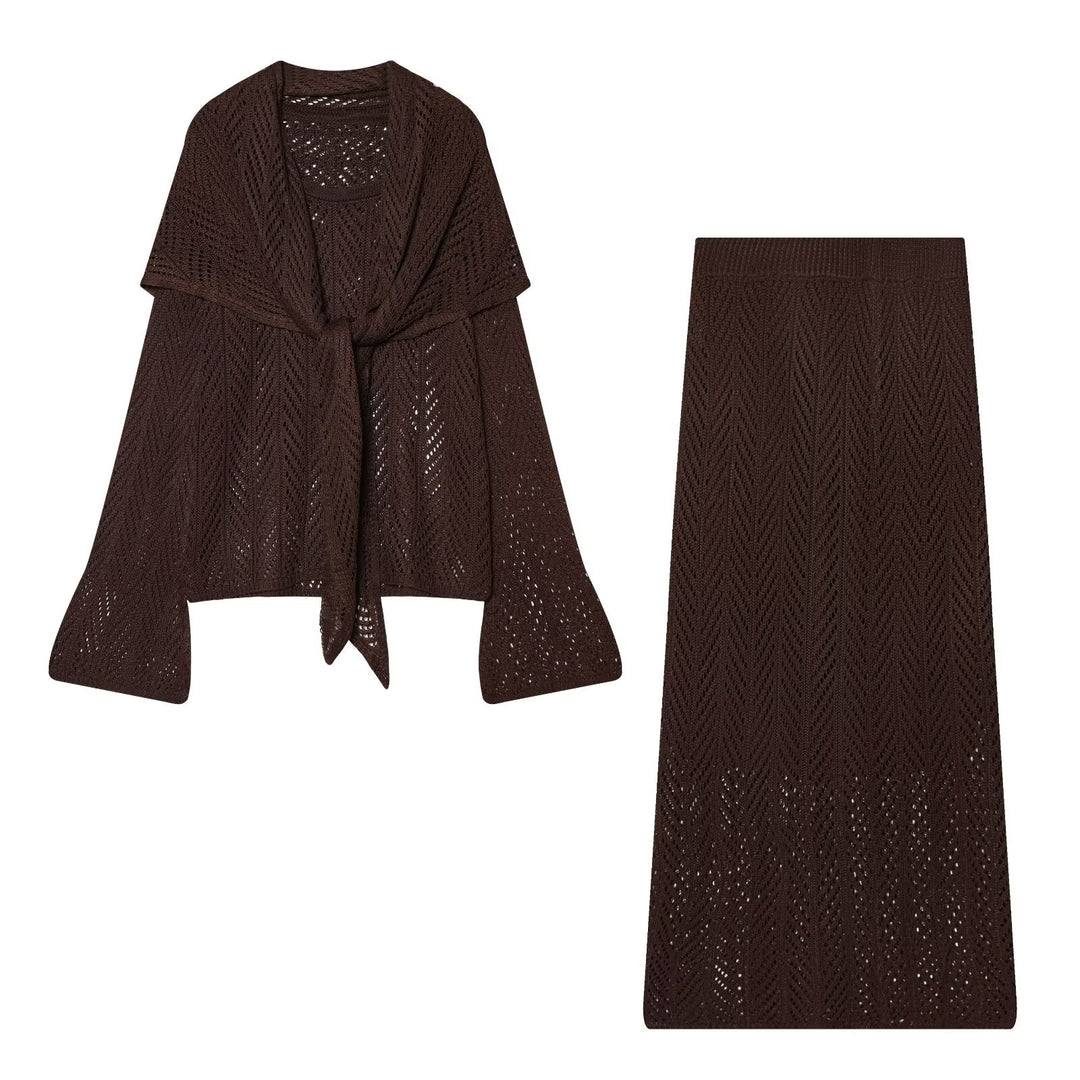 Damen Ajourstrick-Set mit offener Cardigan und Midirock Drune