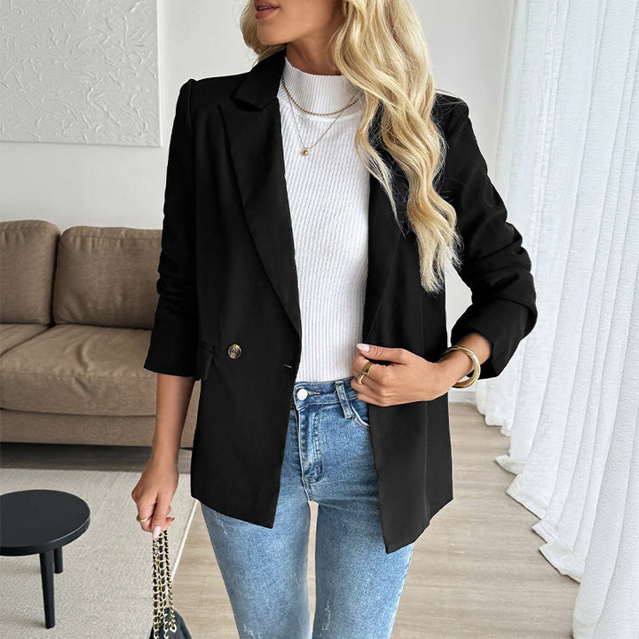 Damen Figurschmeichelnder Longblazer mit eingesetztem Knopf, gerollten Ärmeln und Pattentaschen Drune