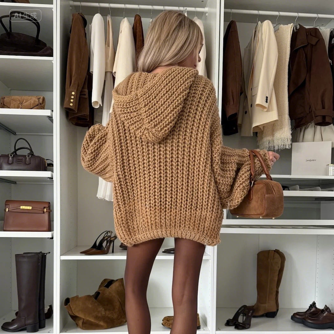 Damen Großer Strickcardigan mit Kapuze und Knopfverschluss Drune