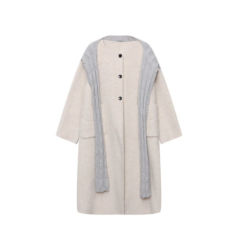Damen eleganter Wollmantel mit asymmetrischem Kragen und praktischen Taschen Drune