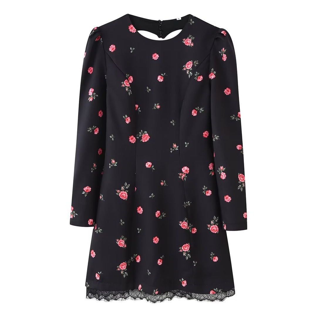 Damen A‑Linien-Minikleid mit langen Ärmeln, floralem Muster und Spitzenbesatz Drune