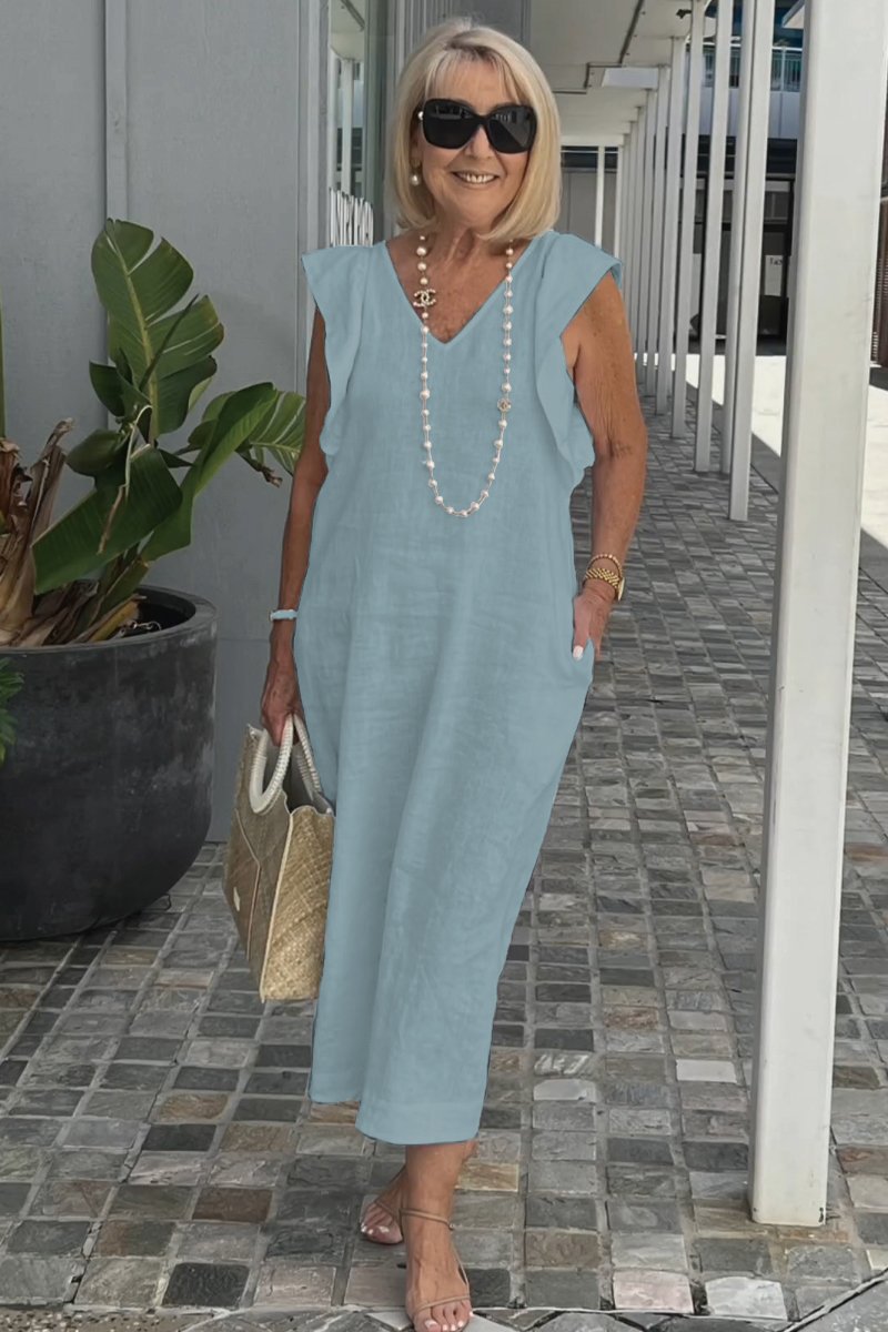 Damen Maxikleid mit V-Ausschnitt und angeschnittenem Ärmel Drune