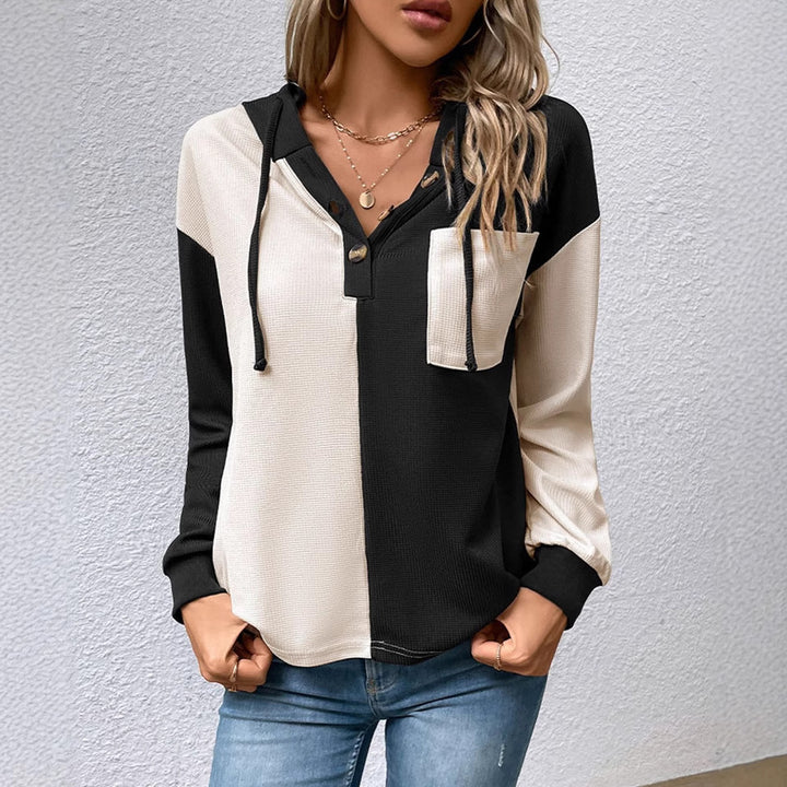 Damen nan Waffelstrick-Hoodie mit Henley-Knöpfen, Brusttasche und Kapuze Drune