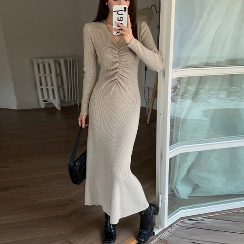 Damen Langarm-Strickkleid mit raffiniertem V-Ausschnitt und tailliertem Schnitt Drune
