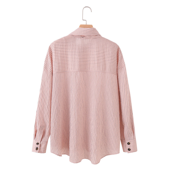 Damen Oversize-Bluse mit Stehkragen, feinen Nadelstreifen und durchgehender Knopfleiste Drune