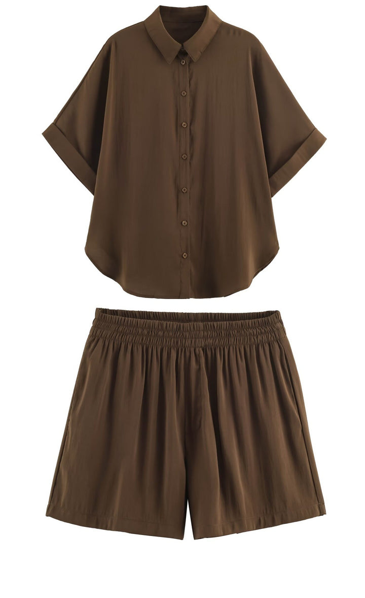 Damen Lockeres zweiteiliges Set mit Oversize-Hemd und Elastik-Shorts Drune