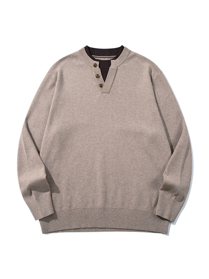 Unisex Gerippter Baumwollmix-Pullover mit Henley-Knopfleiste und Relaxed-Schnitt Drune