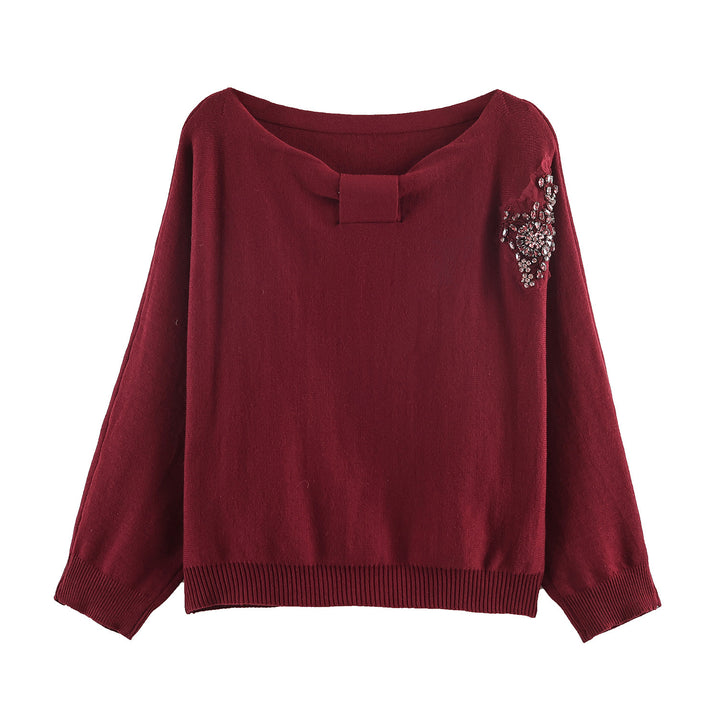 Damen Feinstrick-Pullover mit breitem U-Boot-Ausschnitt und Perlenapplikation Drune