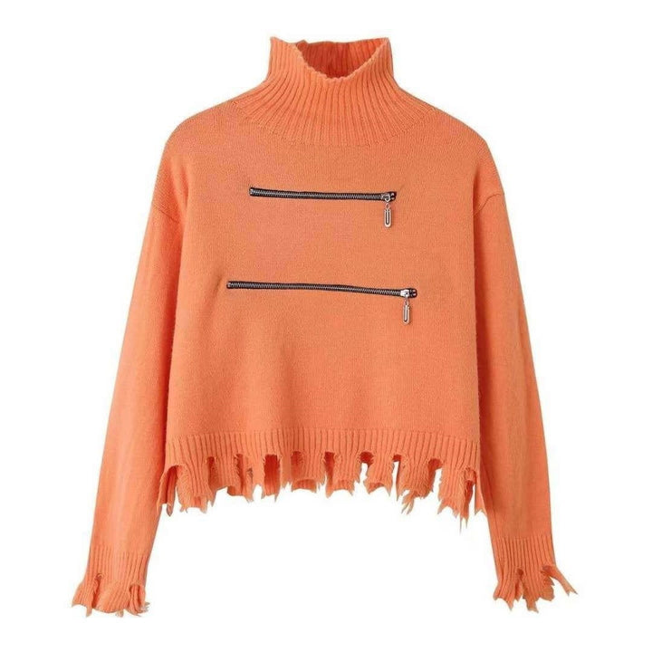 Damen stylischer Stehkragenpullover mit zwei asymmetrischen Reißverschlusstaschen und fransigem Saum Drune