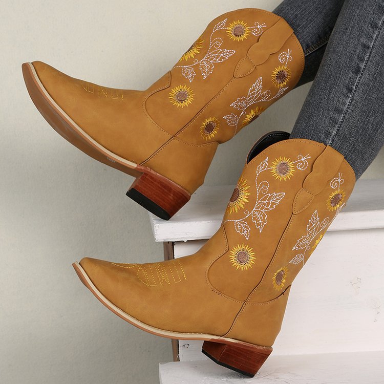 Damen Western-Stiefel mit bestickten Sonnenblumen und komfortablem Blockabsatz Drune