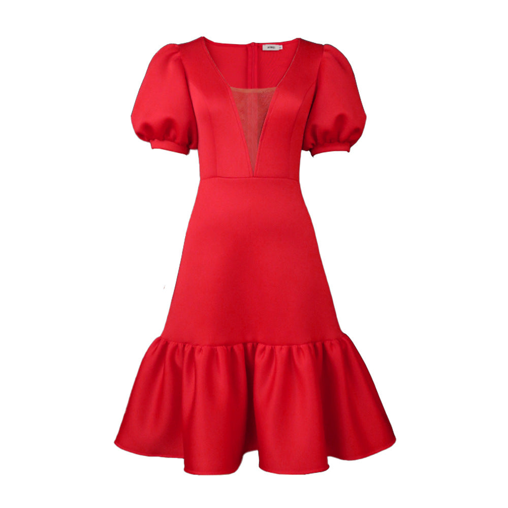 Damen elegantes Fit-and-Flare Kleid mit Puffärmeln Drune