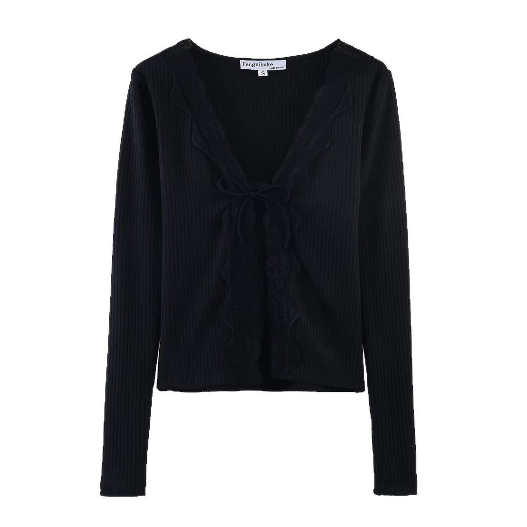 Damen Geripptes Cropped-Langarmtop mit Spitzen-V-Ausschnitt und Bindeband Drune