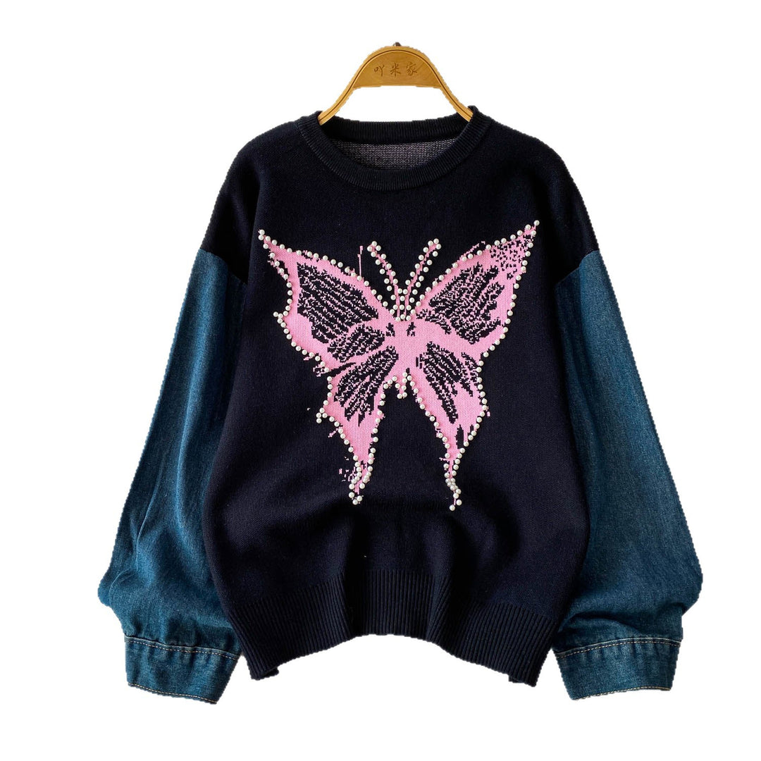 Damen Eleganter Pullover mit Schmetterlingsmotiv und Denim-Ärmeln Drune