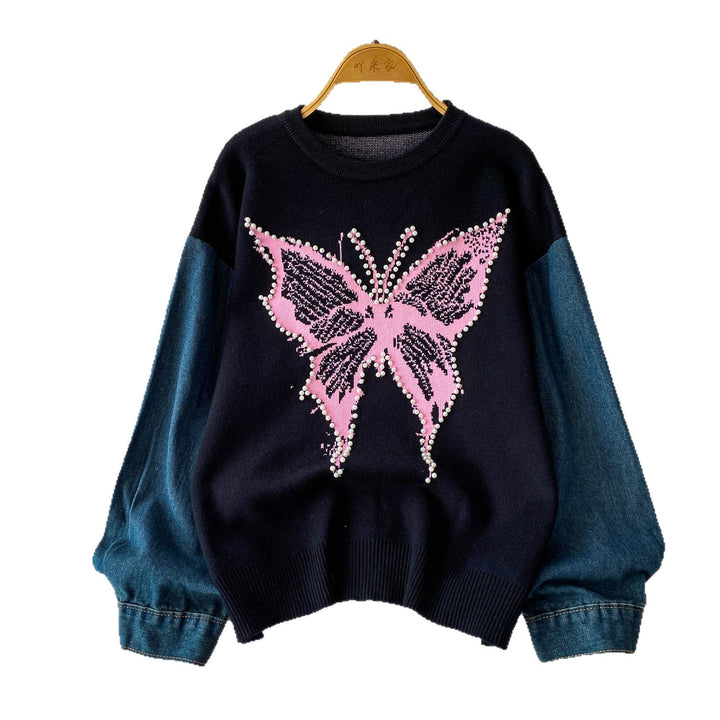 Damen Eleganter Pullover mit Schmetterlingsmotiv und Denim-Ärmeln Drune