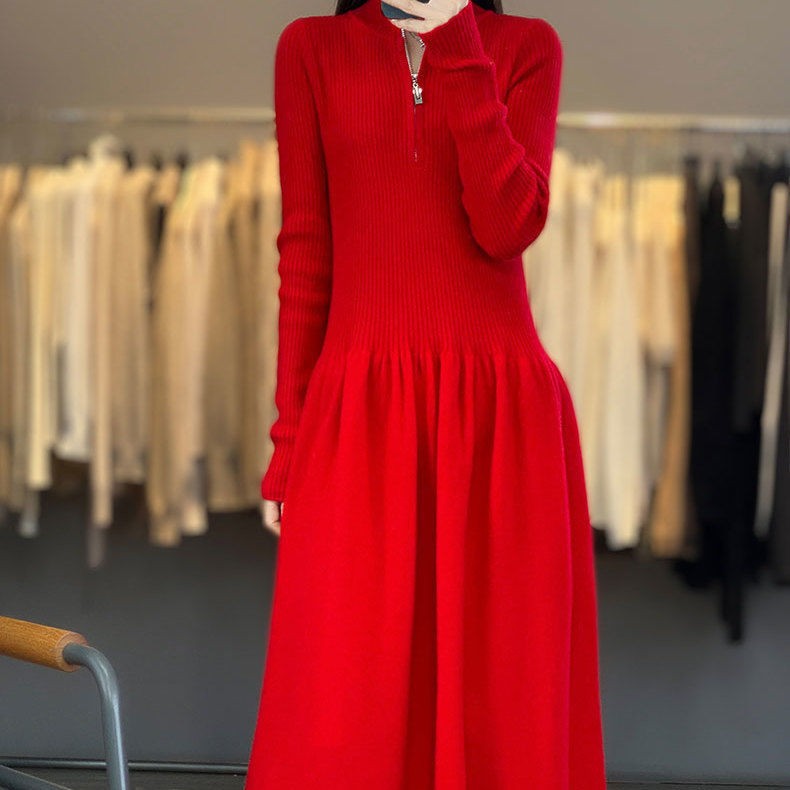 Damen lässiges Strickkleid mit hohem Kragen und Zip-Taschen Drune
